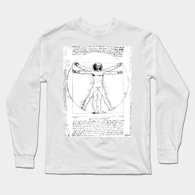 VITRUVIAN MAN Handwriting of Leonardo Da Vinci in Black White Long Sleeve T-Shirt by BulganLumini